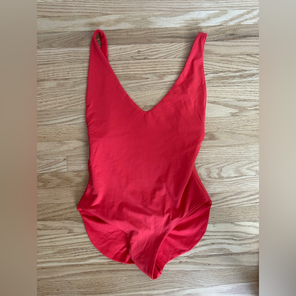 Red V-Neck One-Piece Swimsuit